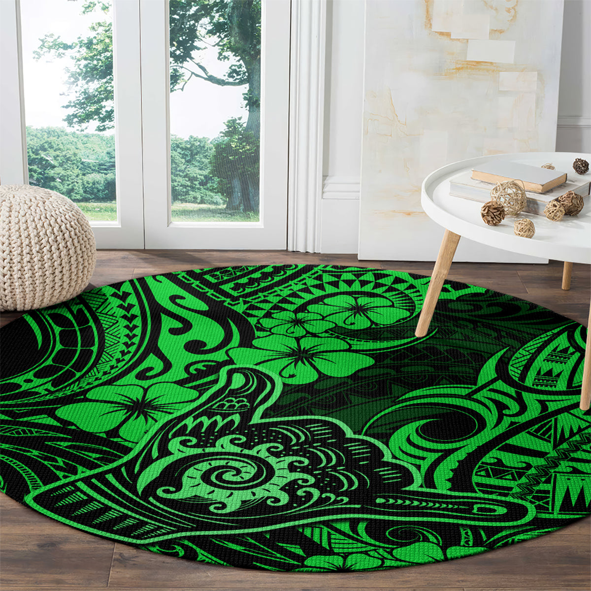 Hawaii Shaka Sign Round Carpet With Polynesian Hibiscus Green Unique LT01 - Polynesian Pride