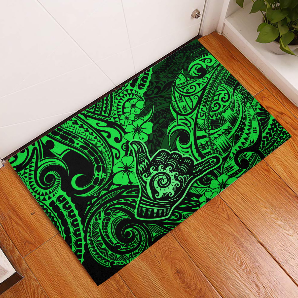 Hawaii Shaka Sign Rubber Doormat With Polynesian Hibiscus Green Unique LT01 Green - Polynesian Pride
