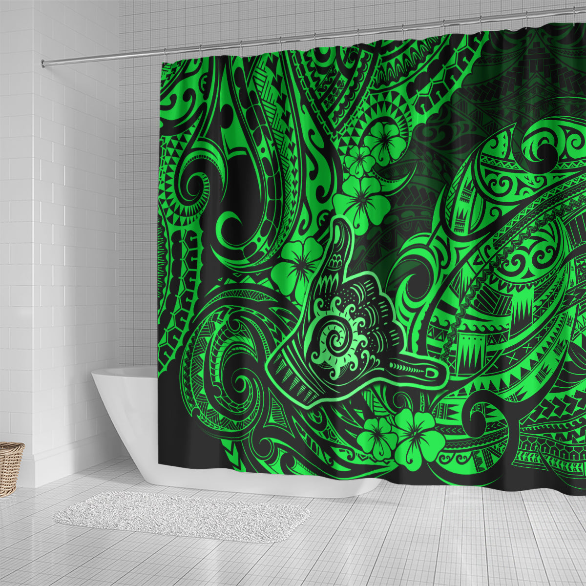 Hawaii Shaka Sign Shower Curtain With Polynesian Hibiscus Green Unique LT01 - Polynesian Pride