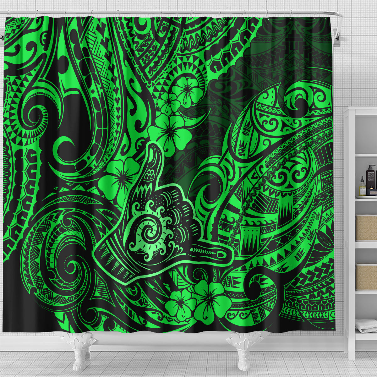 Hawaii Shaka Sign Shower Curtain With Polynesian Hibiscus Green Unique LT01 - Polynesian Pride