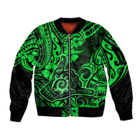 Hawaii Shaka Sign Sleeve Zip Bomber Jacket With Polynesian Hibiscus Green Unique LT01 Unisex Green - Polynesian Pride