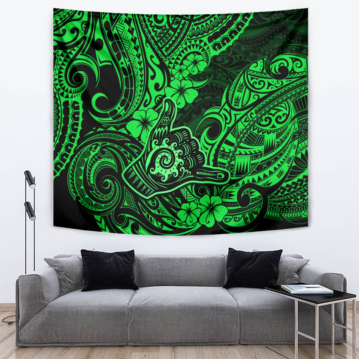 Hawaii Shaka Sign Tapestry With Polynesian Hibiscus Green Unique LT01 - Polynesian Pride
