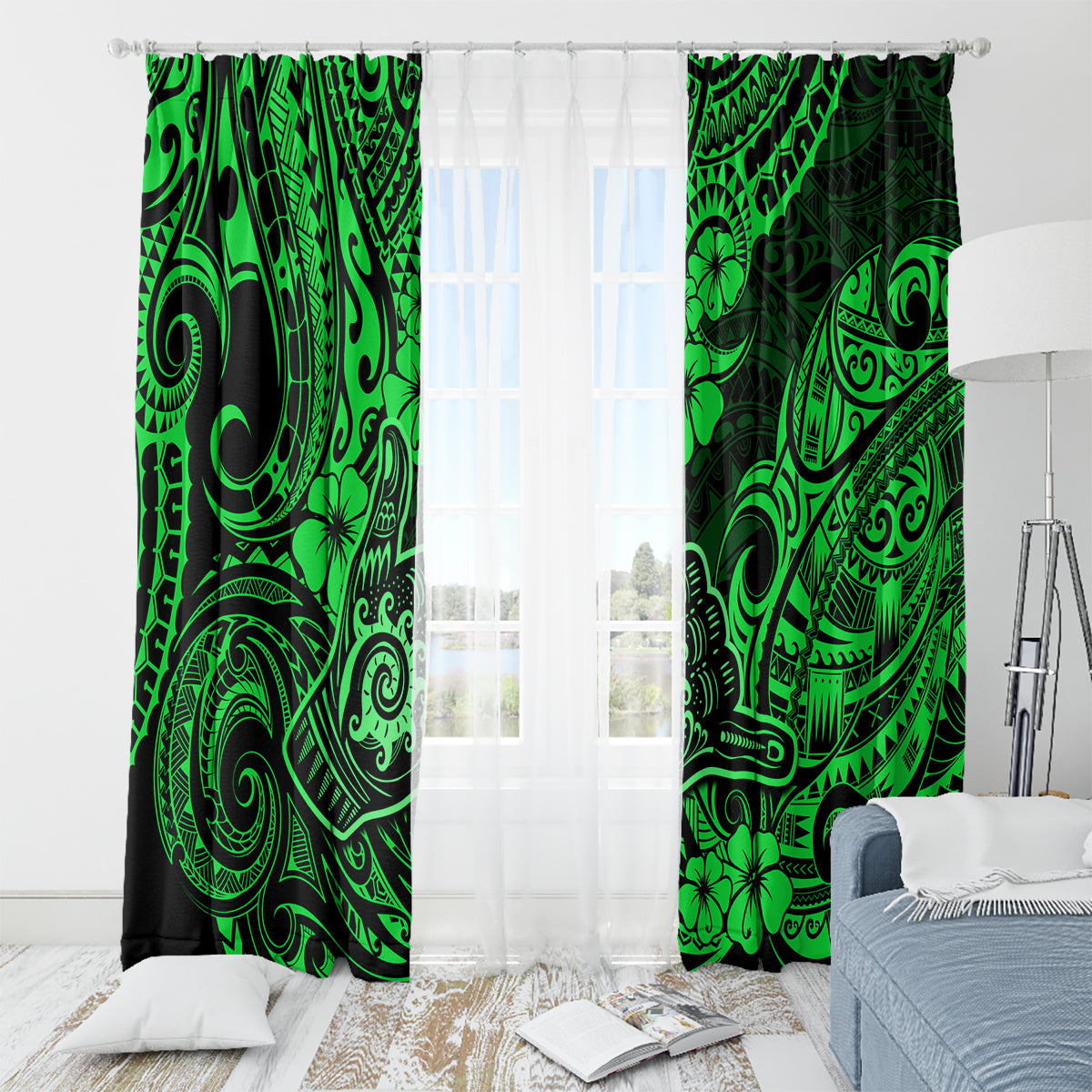 Hawaii Shaka Sign Window Curtain With Polynesian Hibiscus Green Unique LT01 - Polynesian Pride