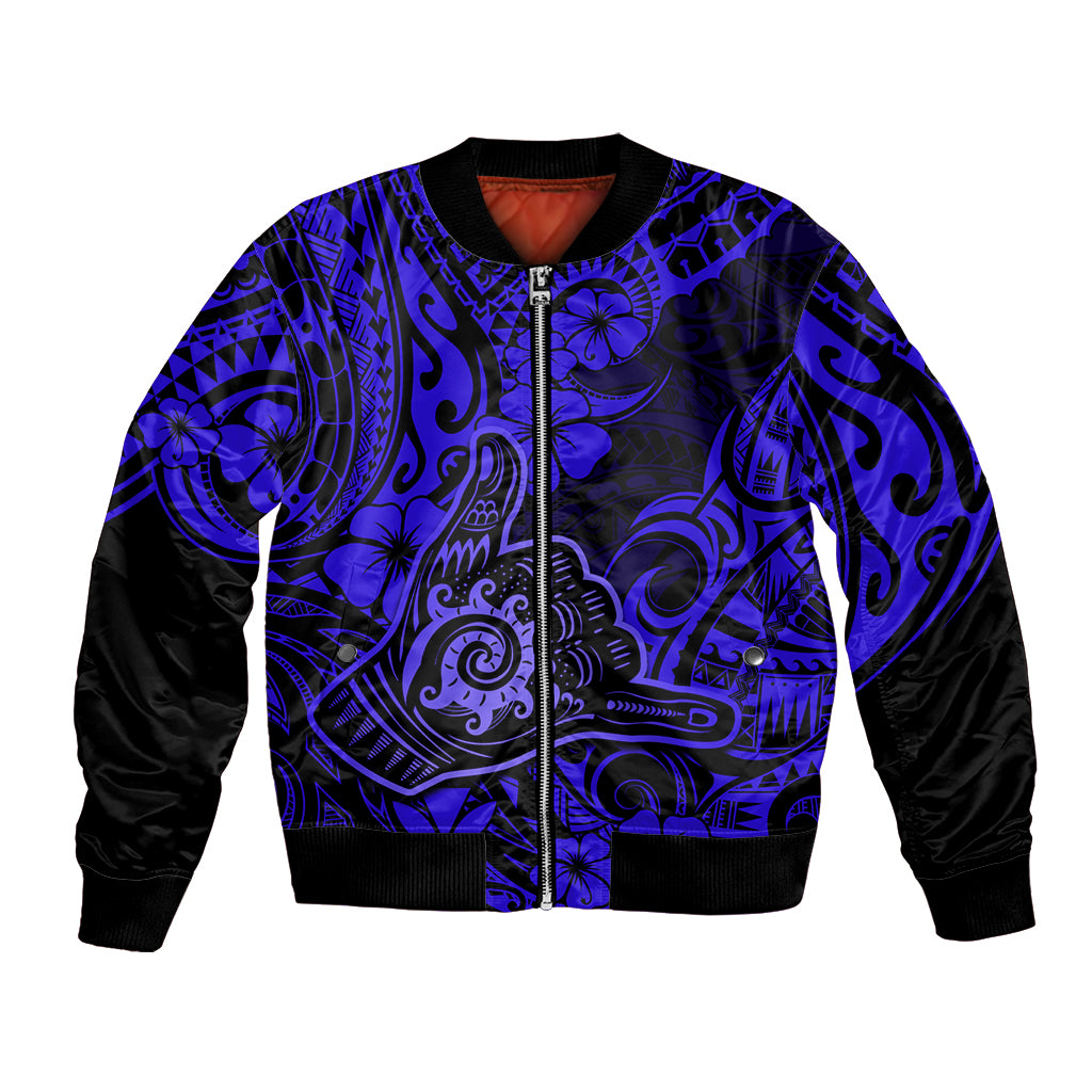 Hawaii Shaka Sign Bomber Jacket With Polynesian Hibiscus Navy Blue Unique LT01 Unisex Blue - Polynesian Pride