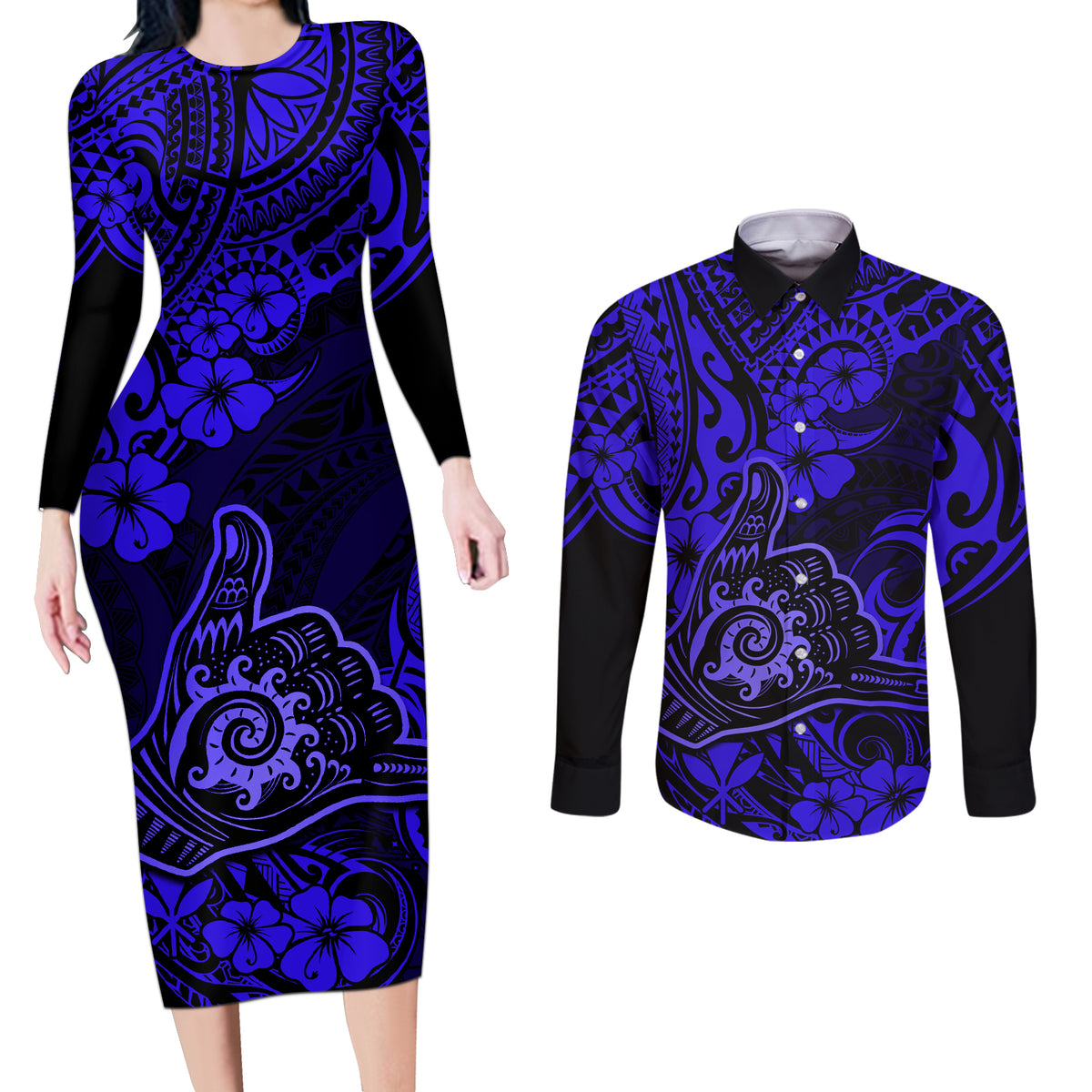 Hawaii Shaka Sign Couples Matching Long Sleeve Bodycon Dress and Long Sleeve Button Shirts With Polynesian Hibiscus Navy Blue Unique LT01 Blue - Polynesian Pride