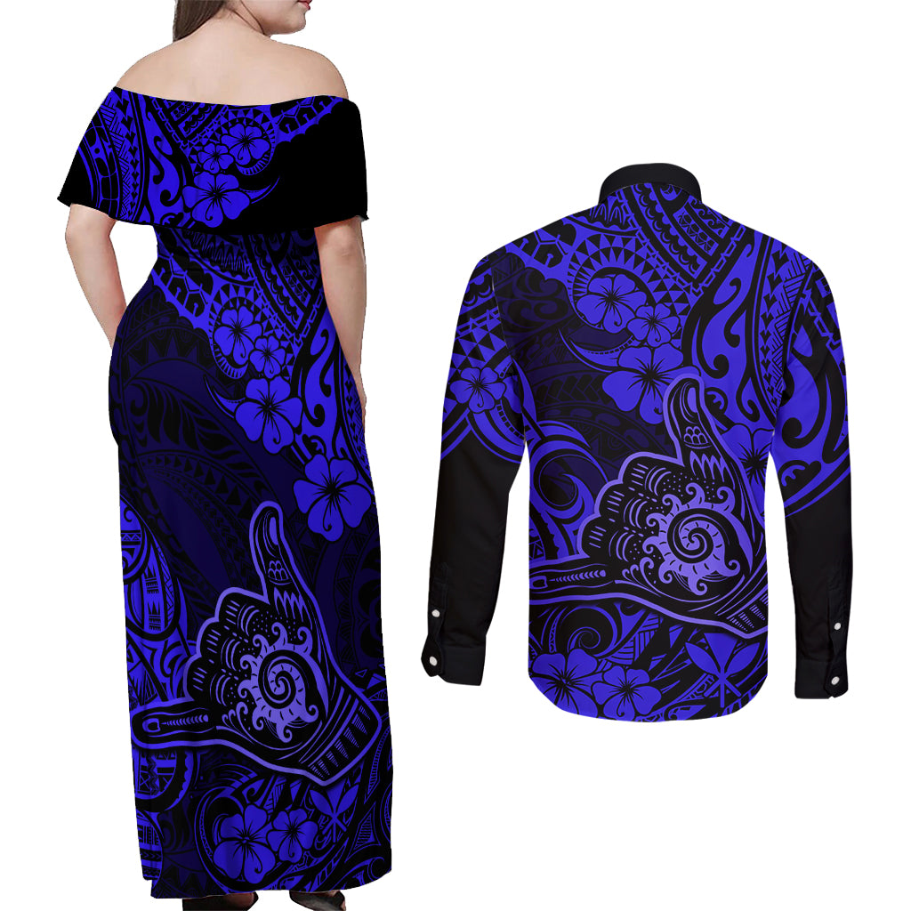 Hawaii Shaka Sign Couples Matching Off Shoulder Maxi Dress and Long Sleeve Button Shirts With Polynesian Hibiscus Navy Blue Unique LT01 - Polynesian Pride