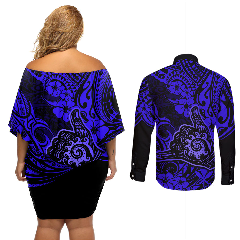 Hawaii Shaka Sign Couples Matching Off Shoulder Short Dress and Long Sleeve Button Shirts With Polynesian Hibiscus Navy Blue Unique LT01 - Polynesian Pride