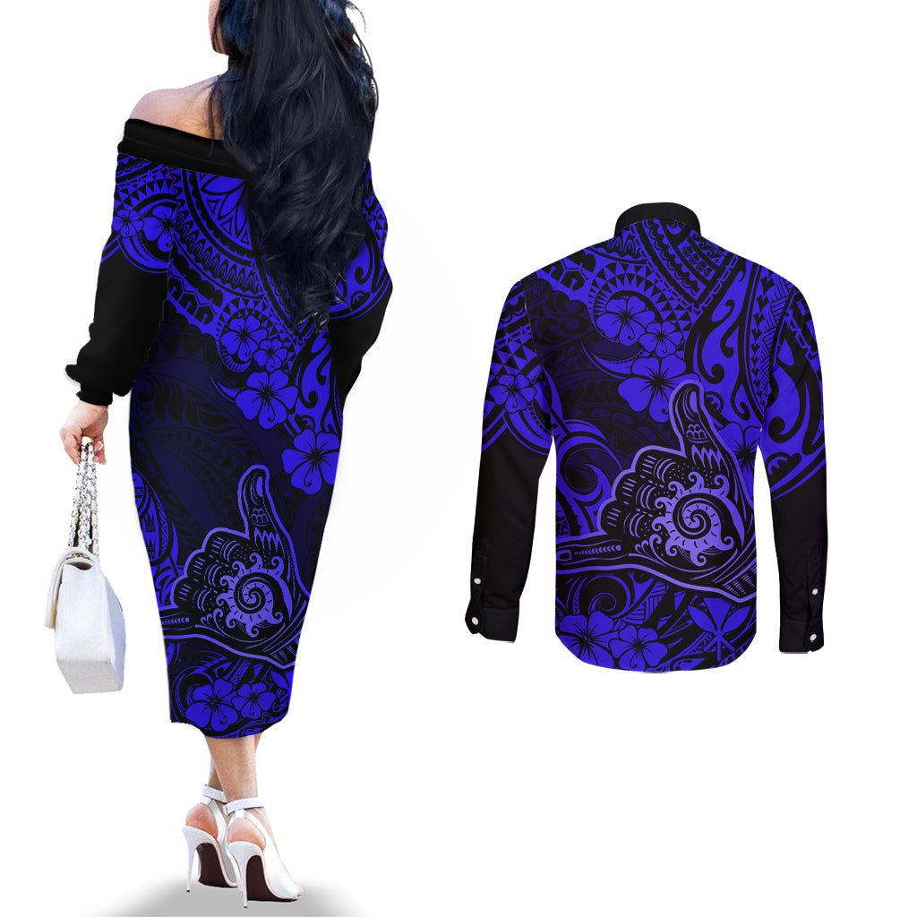 Hawaii Shaka Sign Couples Matching Off The Shoulder Long Sleeve Dress and Long Sleeve Button Shirts With Polynesian Hibiscus Navy Blue Unique LT01 - Polynesian Pride