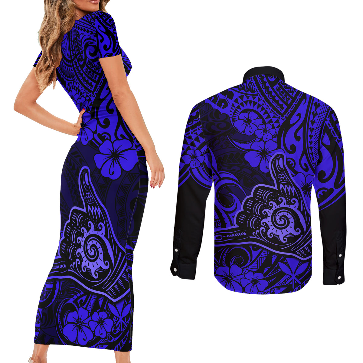Hawaii Shaka Sign Couples Matching Short Sleeve Bodycon Dress and Long Sleeve Button Shirts With Polynesian Hibiscus Navy Blue Unique LT01 - Polynesian Pride