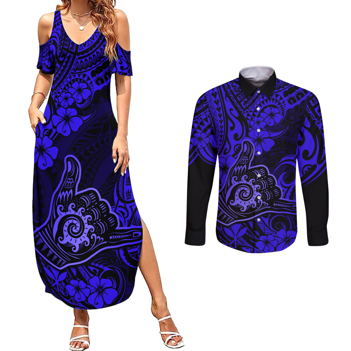 Hawaii Shaka Sign Couples Matching Summer Maxi Dress and Long Sleeve Button Shirts With Polynesian Hibiscus Navy Blue Unique LT01 Blue - Polynesian Pride