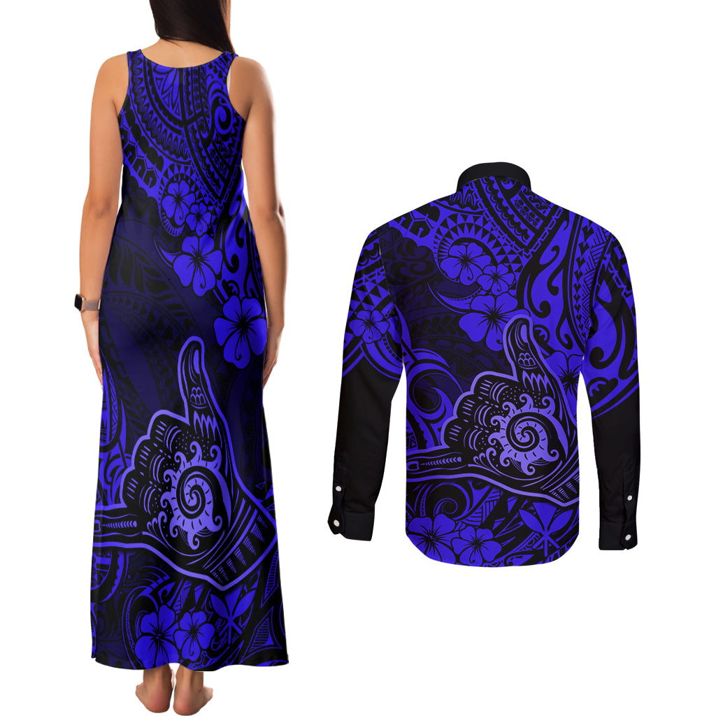 Hawaii Shaka Sign Couples Matching Tank Maxi Dress and Long Sleeve Button Shirts With Polynesian Hibiscus Navy Blue Unique LT01 - Polynesian Pride