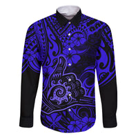 Hawaii Shaka Sign Family Matching Long Sleeve Bodycon Dress and Hawaiian Shirt With Polynesian Hibiscus Navy Blue Unique LT01 Dad's Shirt - Long Sleeve Blue - Polynesian Pride