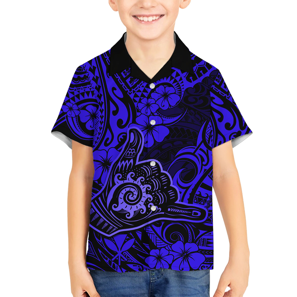 Hawaii Shaka Sign Family Matching Off Shoulder Long Sleeve Dress and Hawaiian Shirt With Polynesian Hibiscus Navy Blue Unique LT01 Son's Shirt Blue - Polynesian Pride