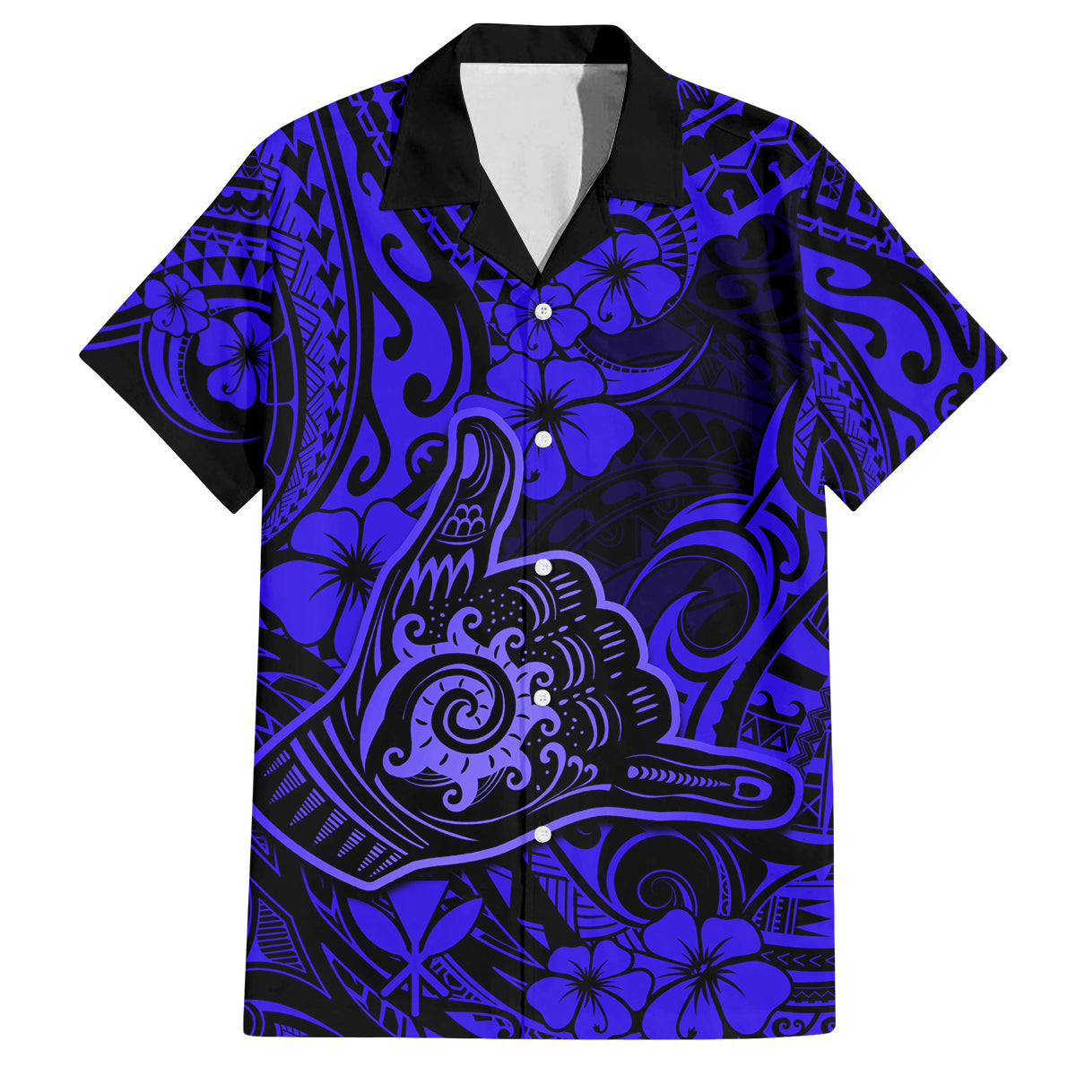 Hawaii Shaka Sign Family Matching Off Shoulder Maxi Dress and Hawaiian Shirt With Polynesian Hibiscus Navy Blue Unique LT01 Dad's Shirt - Short Sleeve Blue - Polynesian Pride
