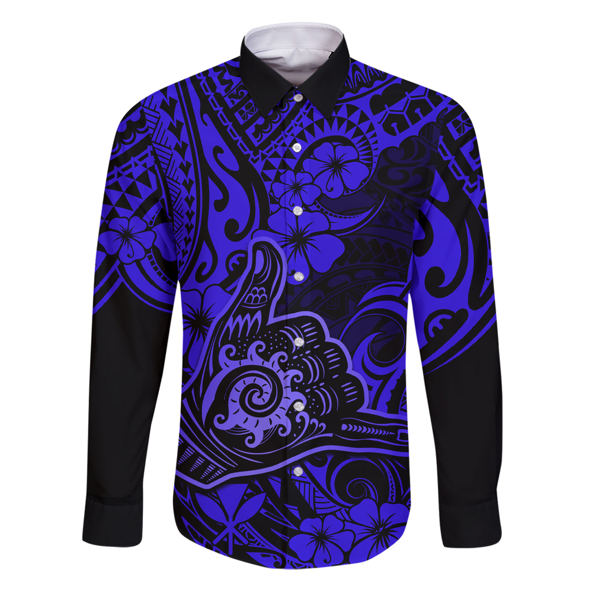 Hawaii Shaka Sign Family Matching Off Shoulder Short Dress and Hawaiian Shirt With Polynesian Hibiscus Navy Blue Unique LT01 Dad's Shirt - Long Sleeve Blue - Polynesian Pride