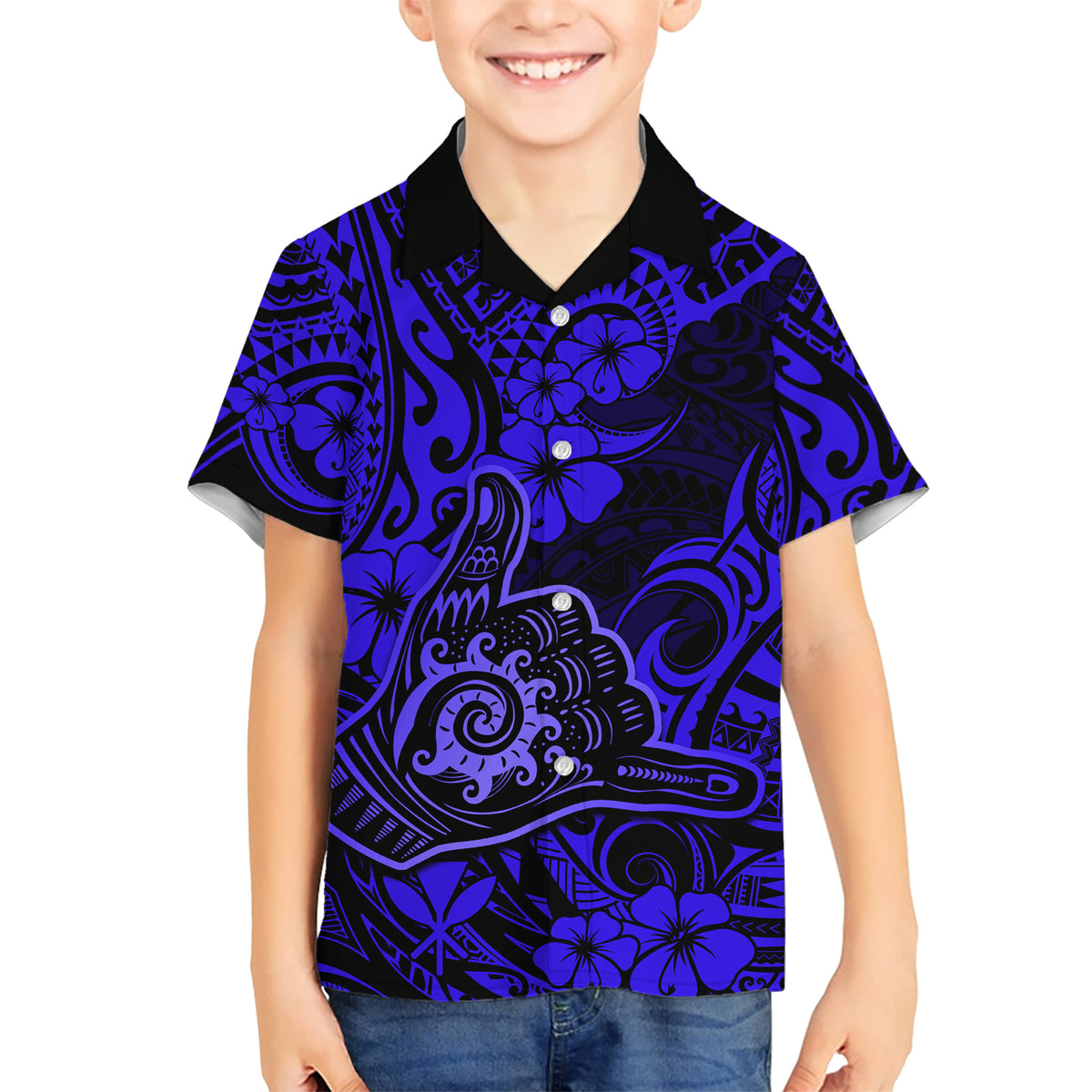 Hawaii Shaka Sign Family Matching Short Sleeve Bodycon Dress and Hawaiian Shirt With Polynesian Hibiscus Navy Blue Unique LT01 Son's Shirt Blue - Polynesian Pride