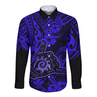 Hawaii Shaka Sign Long Sleeve Button Shirt With Polynesian Hibiscus Navy Blue Unique LT01 Unisex Blue - Polynesian Pride