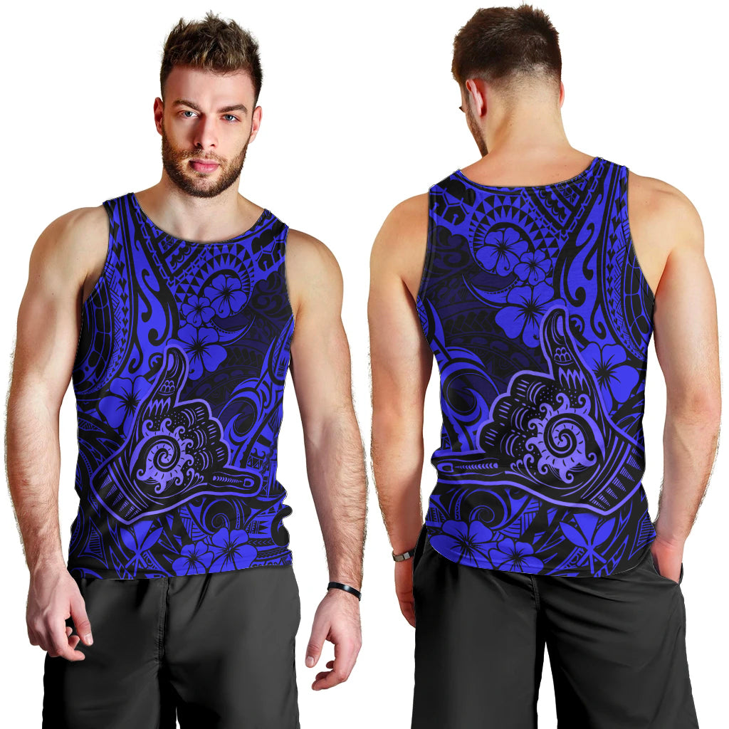 Hawaii Shaka Sign Men Tank Top With Polynesian Hibiscus Navy Blue Unique LT01 - Polynesian Pride
