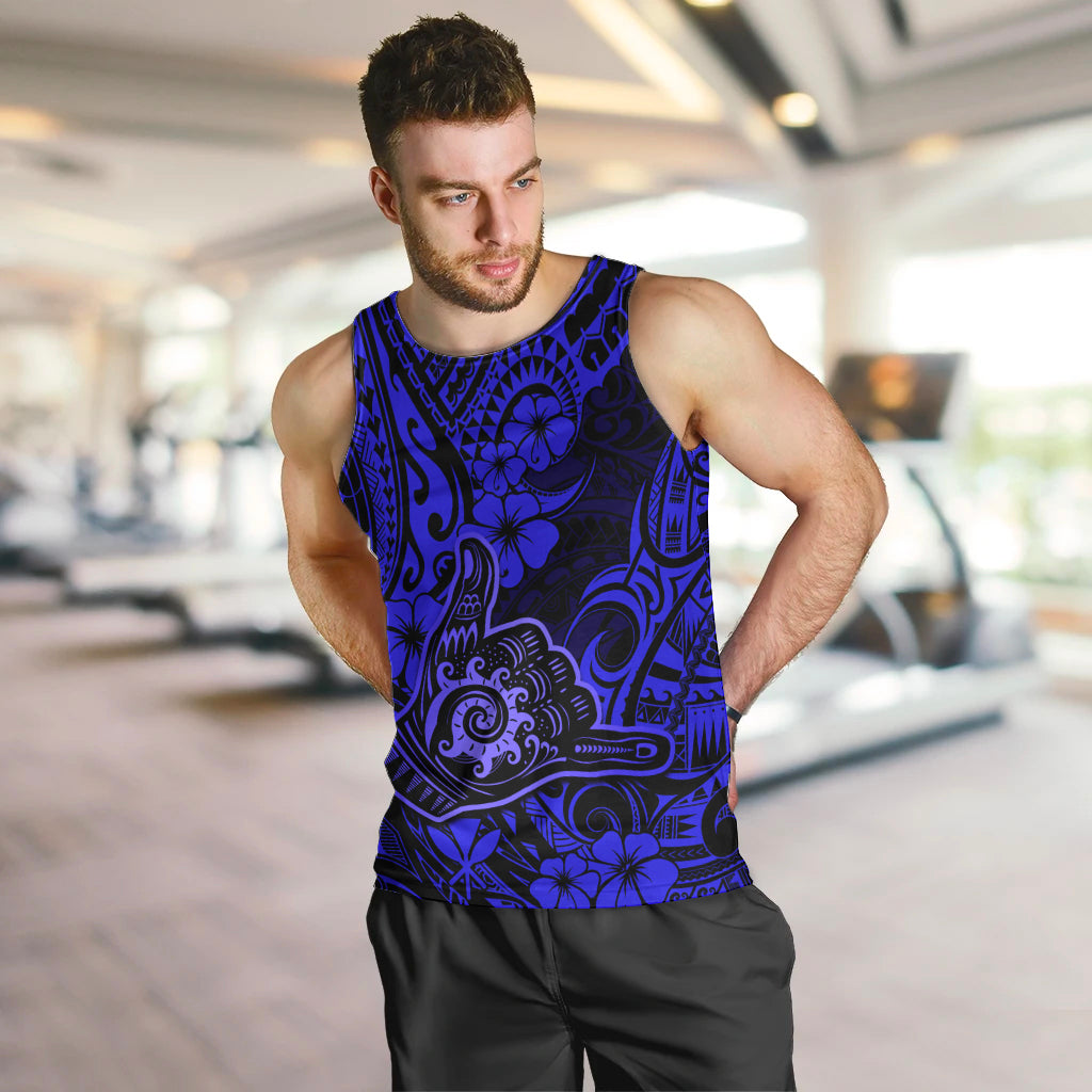 Hawaii Shaka Sign Men Tank Top With Polynesian Hibiscus Navy Blue Unique LT01 - Polynesian Pride