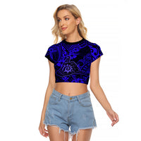 Hawaii Shaka Sign Raglan Cropped T Shirt With Polynesian Hibiscus Navy Blue Unique LT01 Female Blue - Polynesian Pride