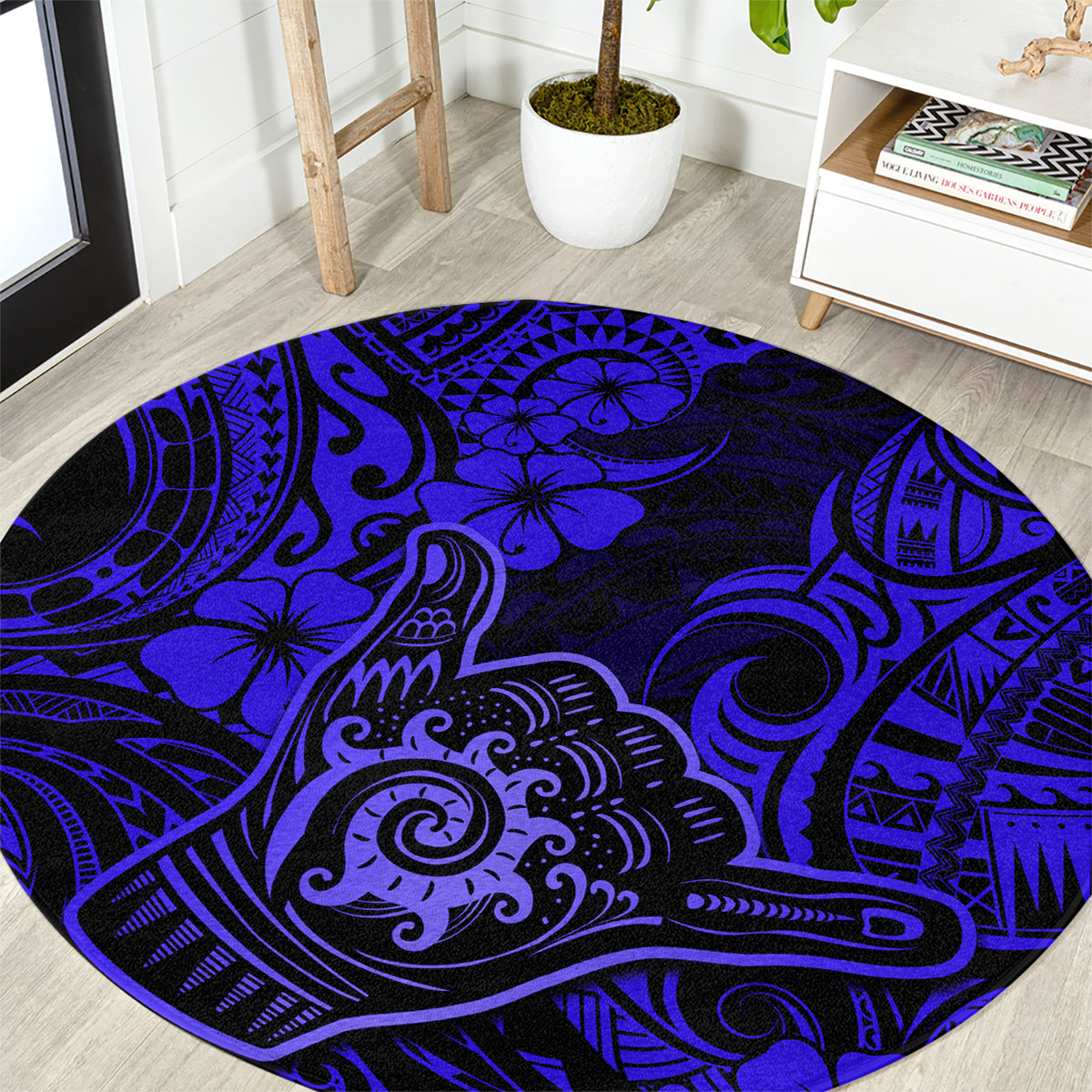 Hawaii Shaka Sign Round Carpet With Polynesian Hibiscus Navy Blue Unique LT01 Blue - Polynesian Pride
