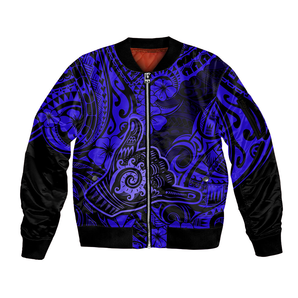 Hawaii Shaka Sign Sleeve Zip Bomber Jacket With Polynesian Hibiscus Navy Blue Unique LT01 Unisex Blue - Polynesian Pride