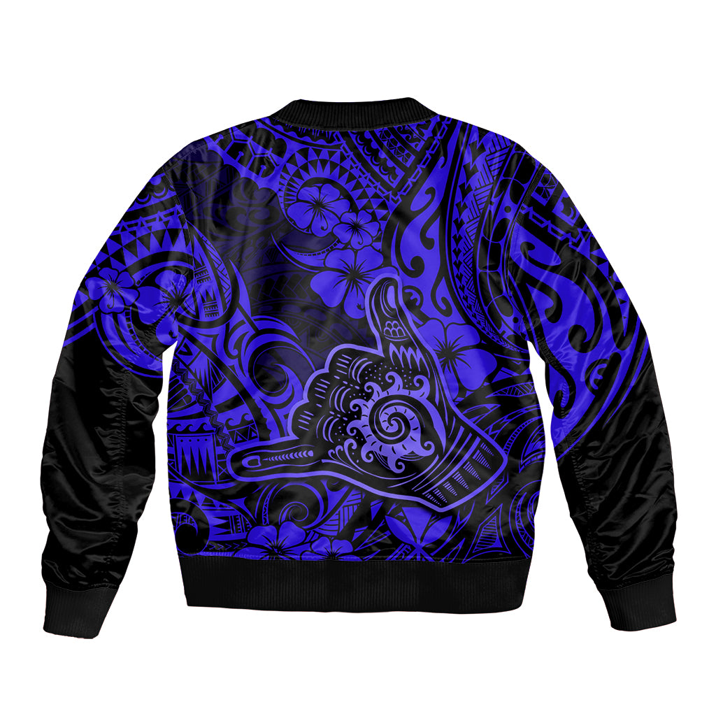 Hawaii Shaka Sign Sleeve Zip Bomber Jacket With Polynesian Hibiscus Navy Blue Unique LT01 - Polynesian Pride