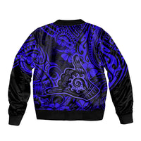 Hawaii Shaka Sign Sleeve Zip Bomber Jacket With Polynesian Hibiscus Navy Blue Unique LT01 - Polynesian Pride