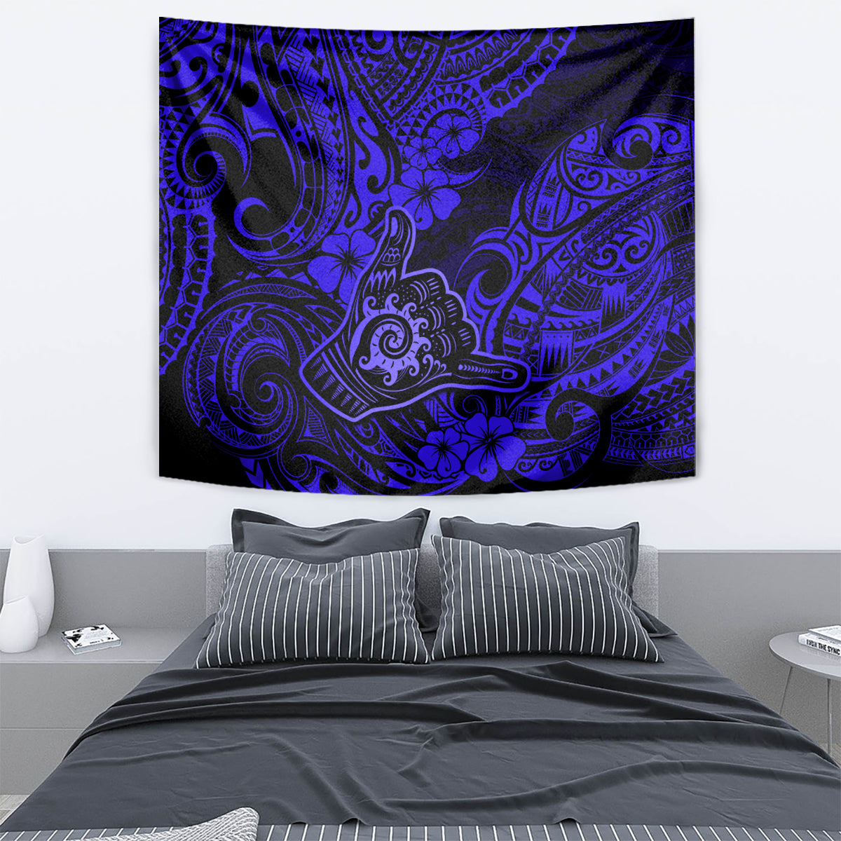 Hawaii Shaka Sign Tapestry With Polynesian Hibiscus Navy Blue Unique LT01 - Polynesian Pride
