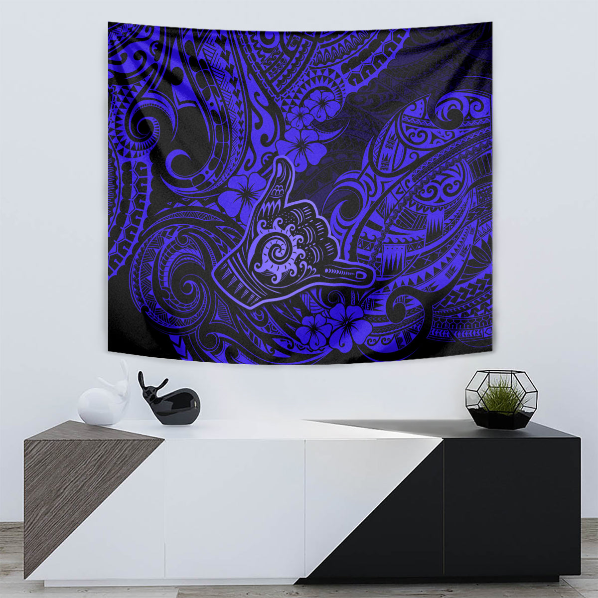 Hawaii Shaka Sign Tapestry With Polynesian Hibiscus Navy Blue Unique LT01 - Polynesian Pride