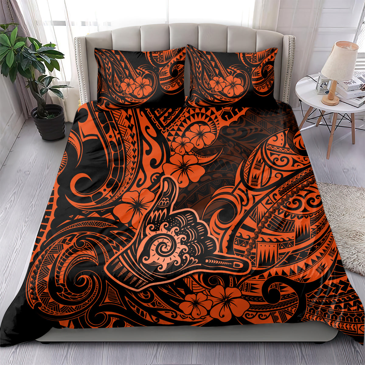Hawaii Shaka Sign Bedding Set With Polynesian Hibiscus Orange Unique LT01 - Polynesian Pride