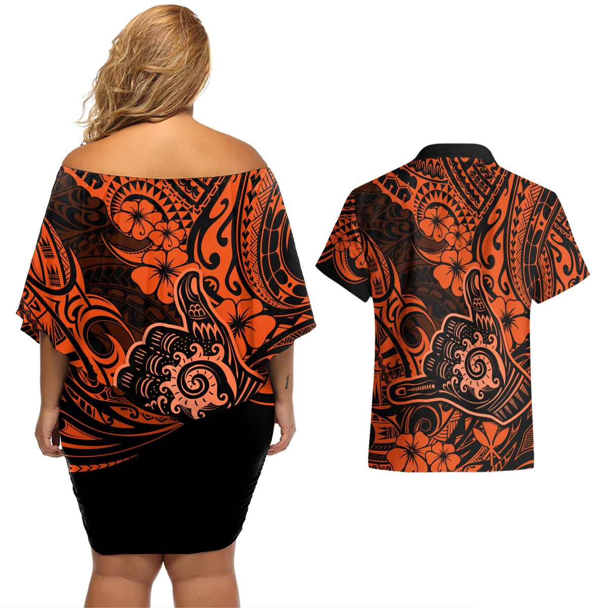 Hawaii Shaka Sign Couples Matching Off Shoulder Short Dress and Hawaiian Shirt With Polynesian Hibiscus Orange Unique LT01 - Polynesian Pride