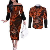 Hawaii Shaka Sign Couples Matching Off The Shoulder Long Sleeve Dress and Long Sleeve Button Shirts With Polynesian Hibiscus Orange Unique LT01 Orange - Polynesian Pride
