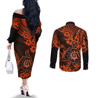 Hawaii Shaka Sign Couples Matching Off The Shoulder Long Sleeve Dress and Long Sleeve Button Shirts With Polynesian Hibiscus Orange Unique LT01 - Polynesian Pride