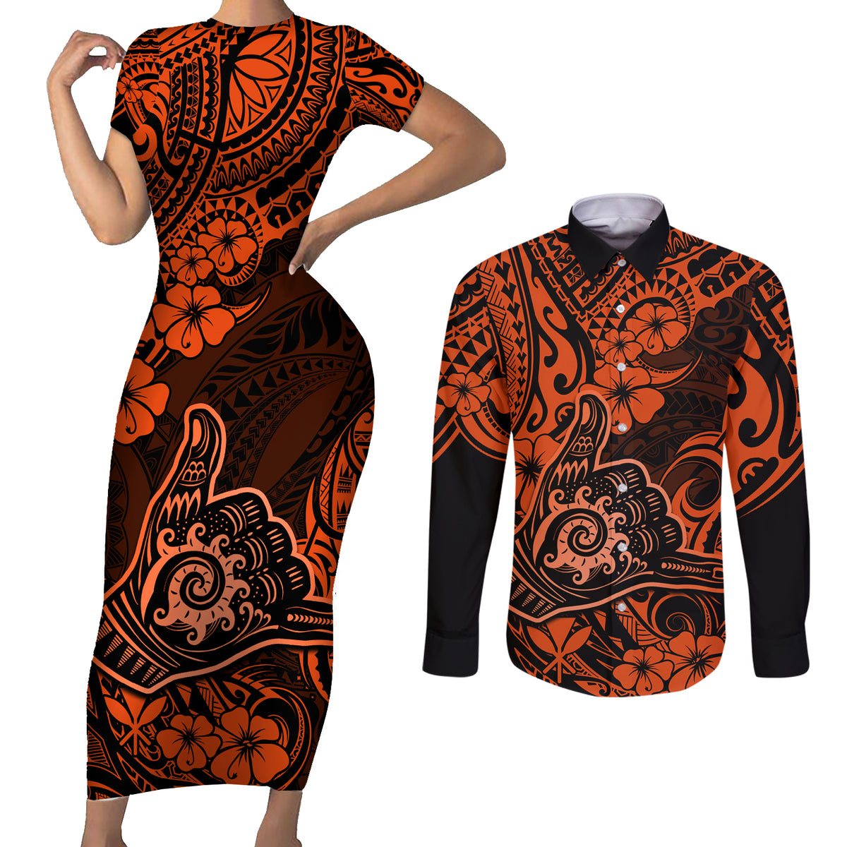 Hawaii Shaka Sign Couples Matching Short Sleeve Bodycon Dress and Long Sleeve Button Shirts With Polynesian Hibiscus Orange Unique LT01 Orange - Polynesian Pride