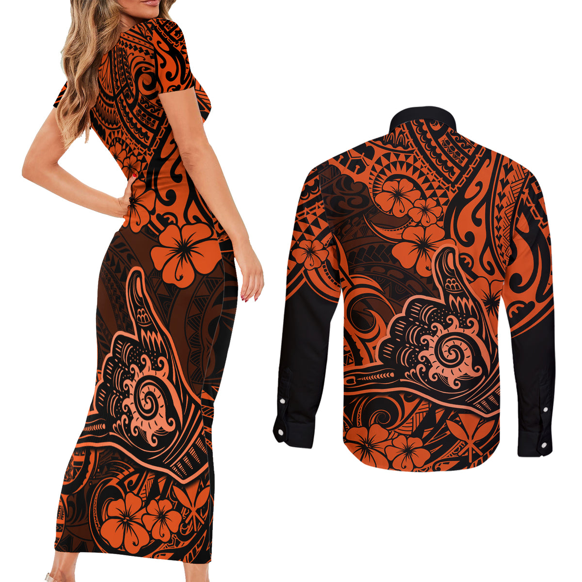 Hawaii Shaka Sign Couples Matching Short Sleeve Bodycon Dress and Long Sleeve Button Shirts With Polynesian Hibiscus Orange Unique LT01 - Polynesian Pride