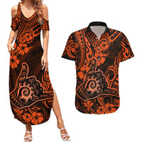 Hawaii Shaka Sign Couples Matching Summer Maxi Dress and Hawaiian Shirt With Polynesian Hibiscus Orange Unique LT01 Orange - Polynesian Pride