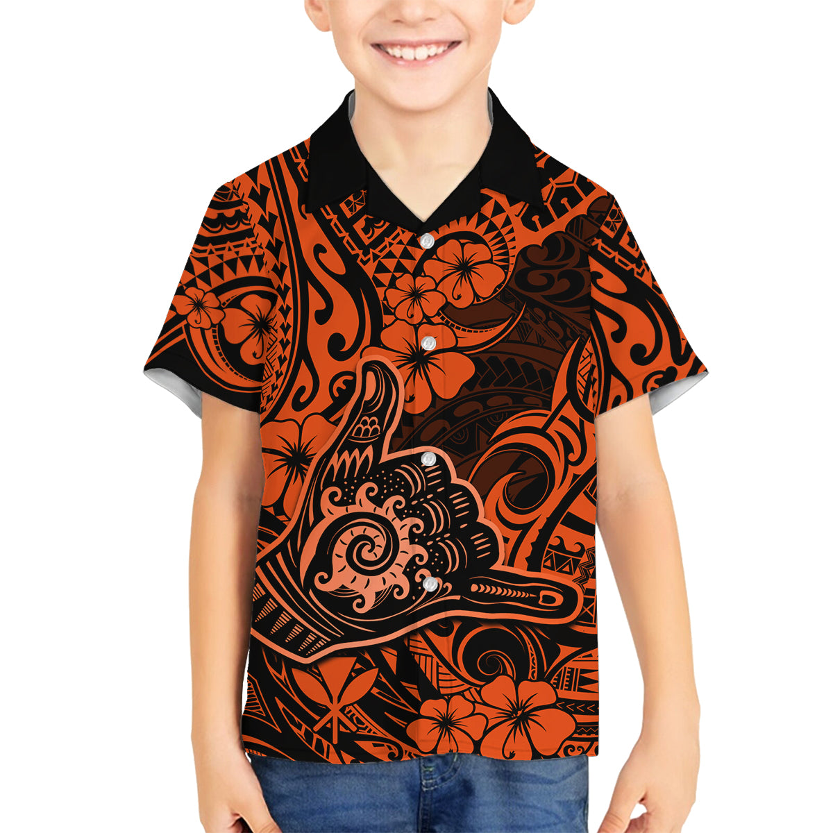 Hawaii Shaka Sign Family Matching Summer Maxi Dress and Hawaiian Shirt With Polynesian Hibiscus Orange Unique LT01 Son's Shirt Orange - Polynesian Pride