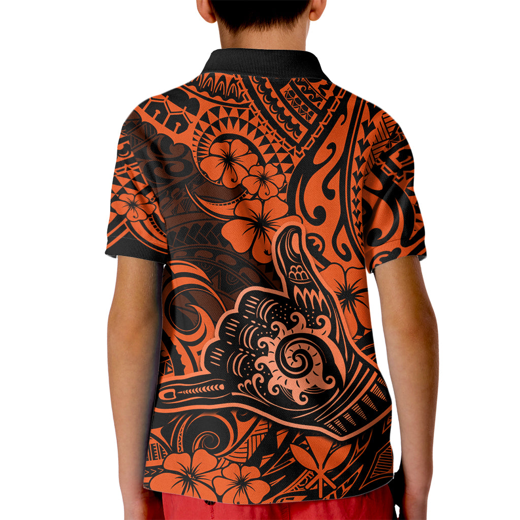 Hawaii Shaka Sign Kid Polo Shirt With Polynesian Hibiscus Orange Unique LT01 - Polynesian Pride