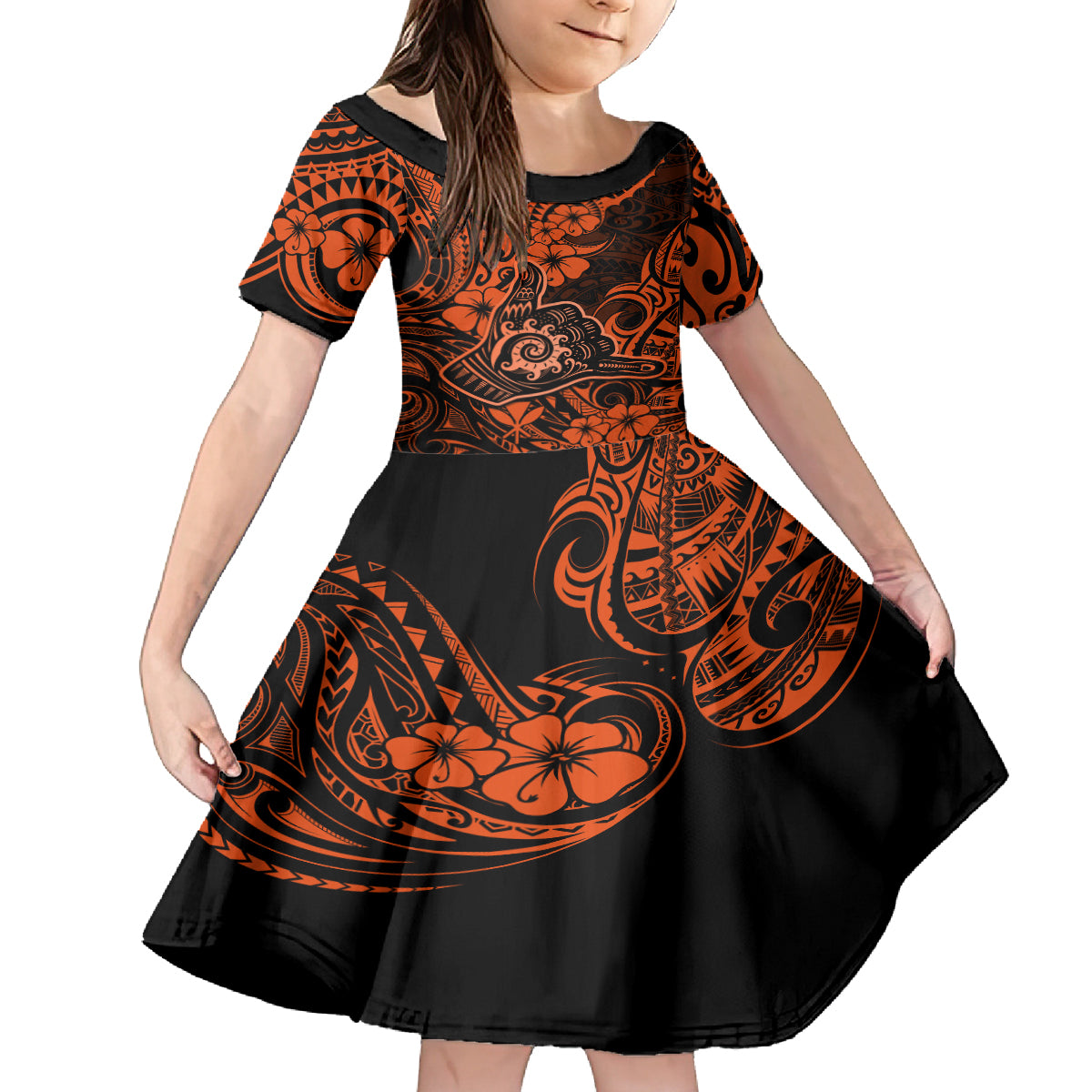 Hawaii Shaka Sign Kid Short Sleeve Dress With Polynesian Hibiscus Orange Unique LT01 KID Orange - Polynesian Pride