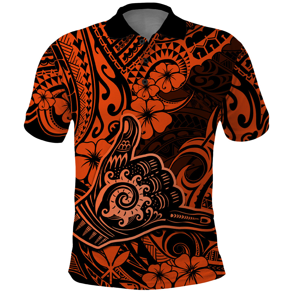 Hawaii Shaka Sign Polo Shirt With Polynesian Hibiscus Orange Unique LT01 Orange - Polynesian Pride