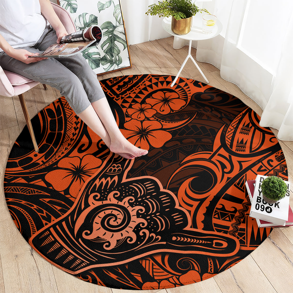 Hawaii Shaka Sign Round Carpet With Polynesian Hibiscus Orange Unique LT01 - Polynesian Pride
