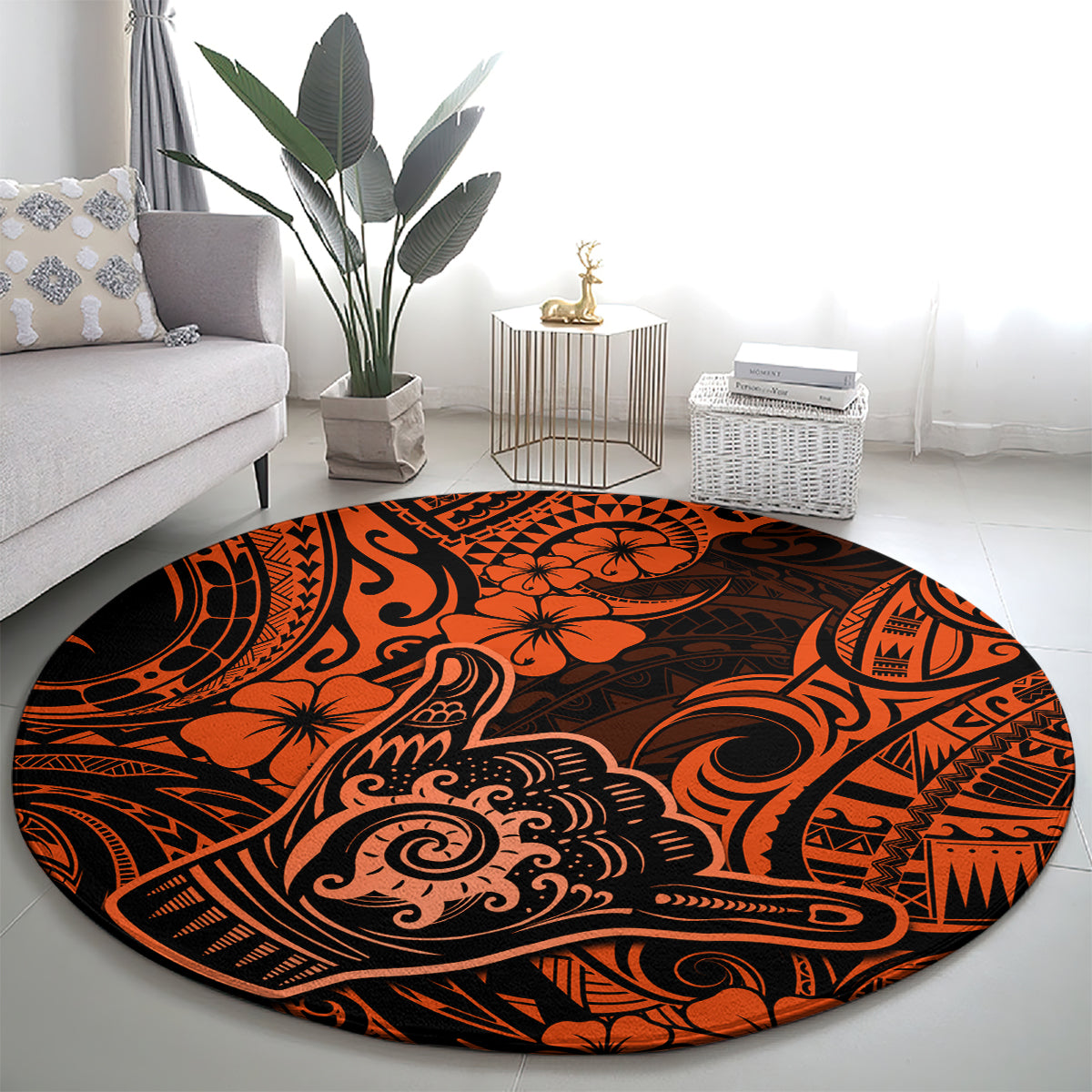 Hawaii Shaka Sign Round Carpet With Polynesian Hibiscus Orange Unique LT01 - Polynesian Pride