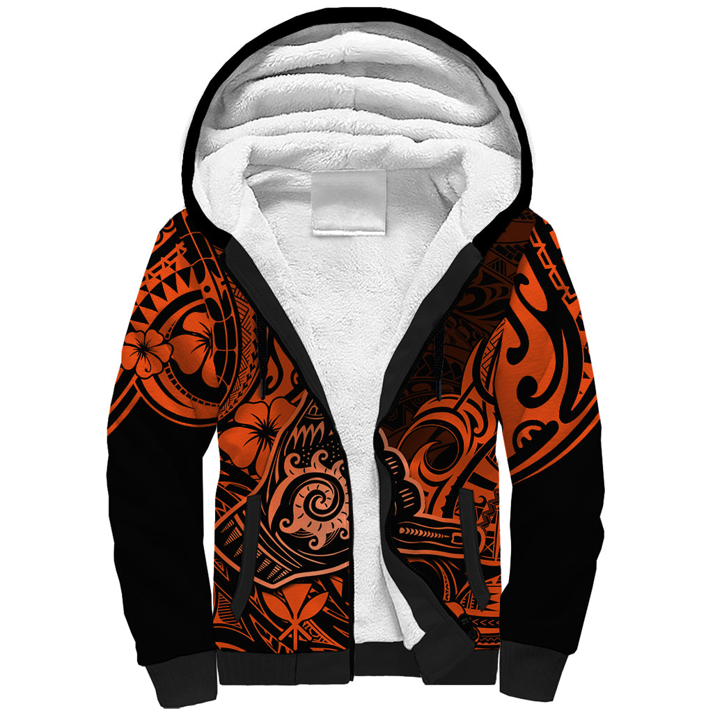 Hawaii Shaka Sign Sherpa Hoodie With Polynesian Hibiscus Orange Unique LT01 Unisex Orange - Polynesian Pride