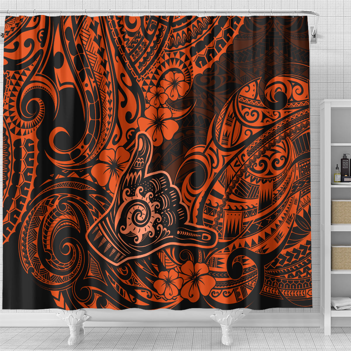Hawaii Shaka Sign Shower Curtain With Polynesian Hibiscus Orange Unique LT01 - Polynesian Pride