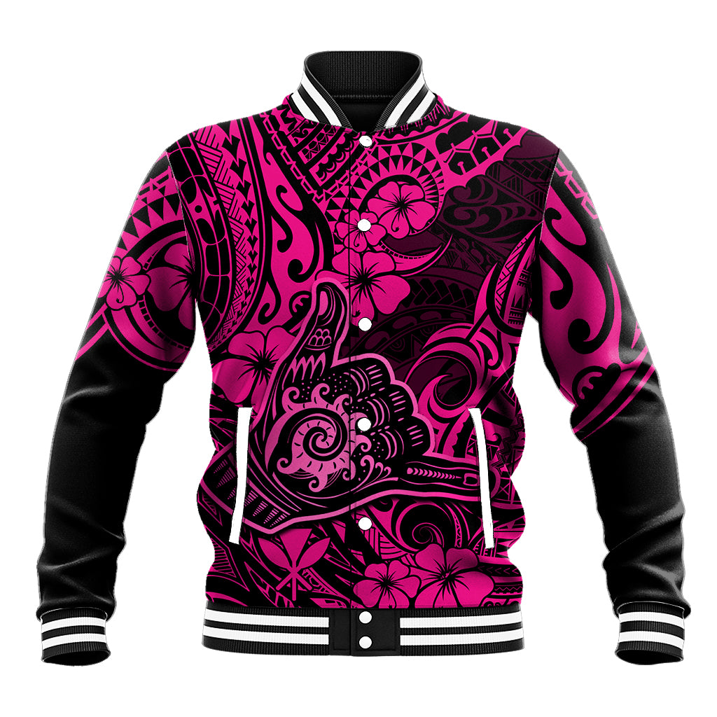 Hawaii Shaka Sign Baseball Jacket With Polynesian Hibiscus Pink Unique LT01 Unisex Pink - Polynesian Pride