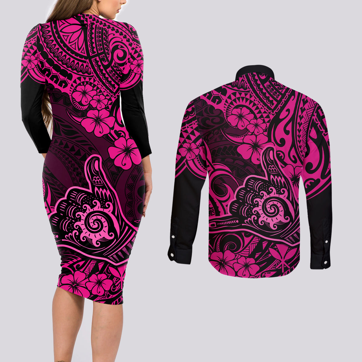 Hawaii Shaka Sign Couples Matching Long Sleeve Bodycon Dress and Long Sleeve Button Shirts With Polynesian Hibiscus Pink Unique LT01 - Polynesian Pride