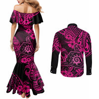 Hawaii Shaka Sign Couples Matching Mermaid Dress and Long Sleeve Button Shirts With Polynesian Hibiscus Pink Unique LT01 - Polynesian Pride