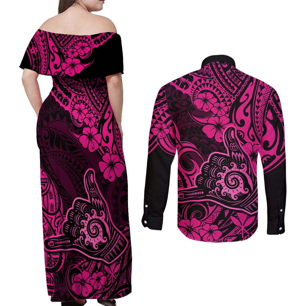 Hawaii Shaka Sign Couples Matching Off Shoulder Maxi Dress and Long Sleeve Button Shirts With Polynesian Hibiscus Pink Unique LT01 - Polynesian Pride