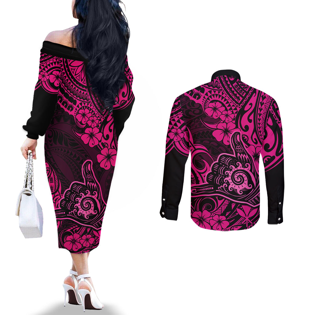 Hawaii Shaka Sign Couples Matching Off The Shoulder Long Sleeve Dress and Long Sleeve Button Shirts With Polynesian Hibiscus Pink Unique LT01 - Polynesian Pride